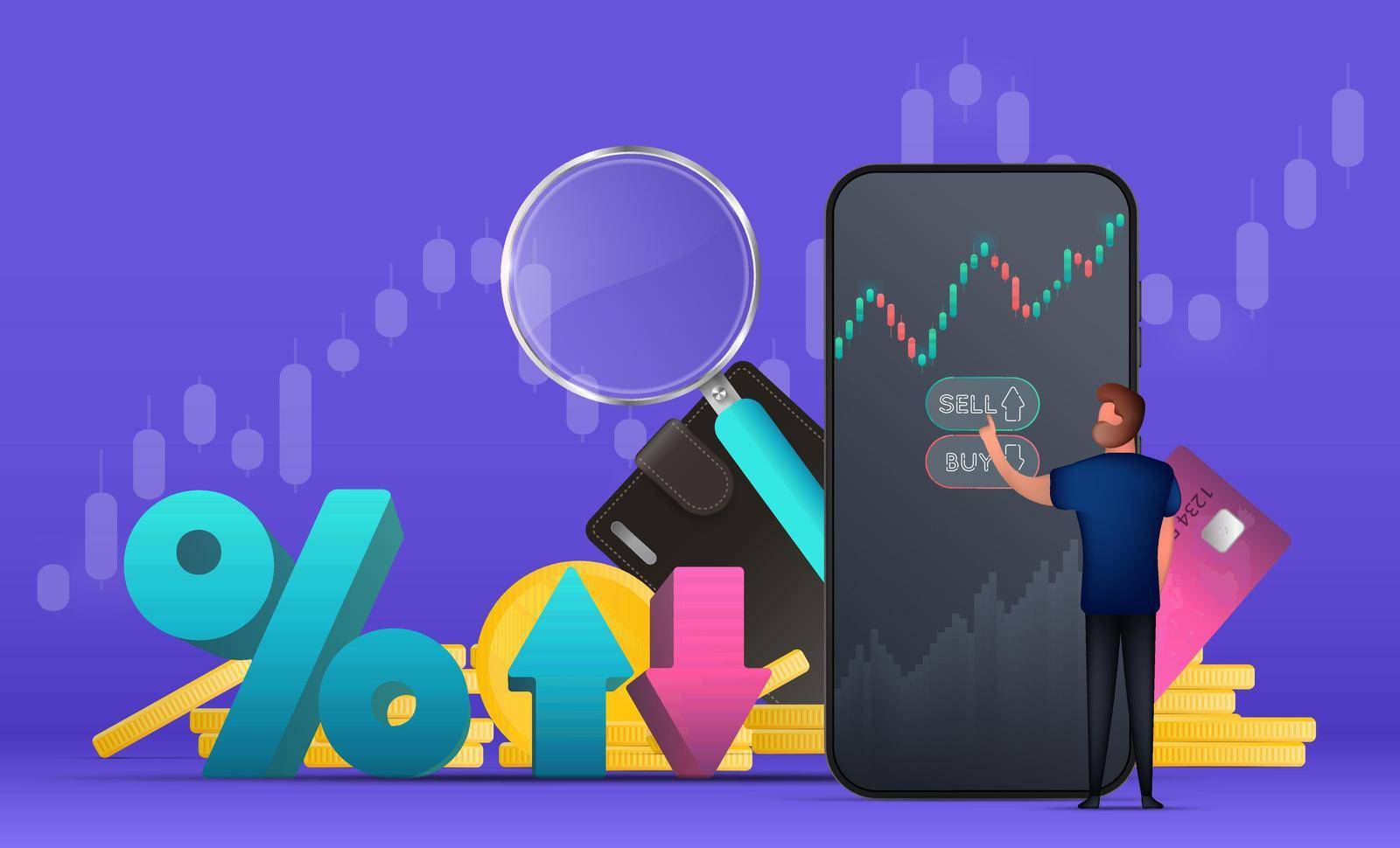 A Man Buys Stocks Or Currency On The Stock Exchange Through The Phone. Stock Market Investment Trading Concept. Candlestick Chart. 