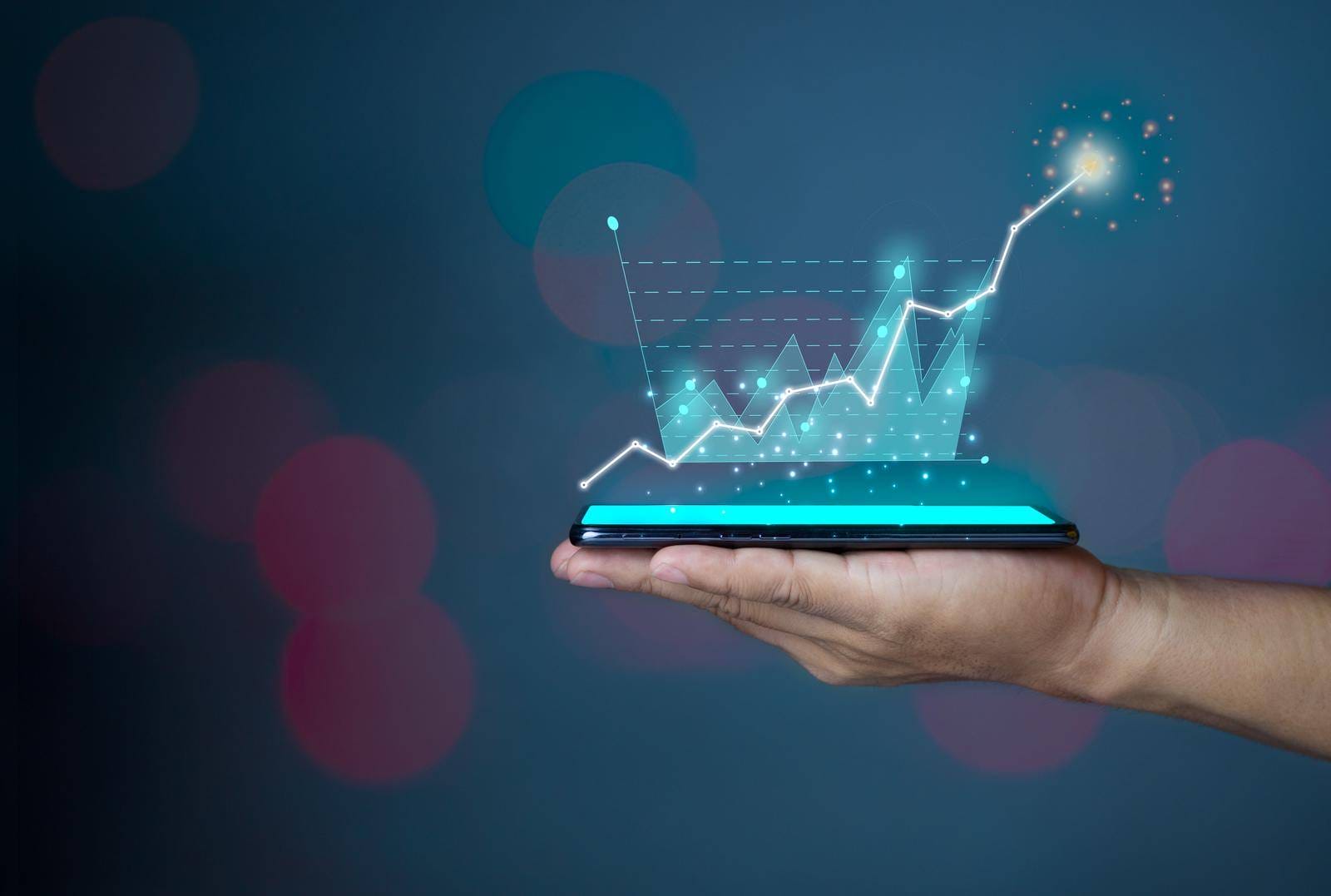 Hologram Image Of A Chart From A Phone On A Person's Hand. Offer Trading, Investment Ideas 