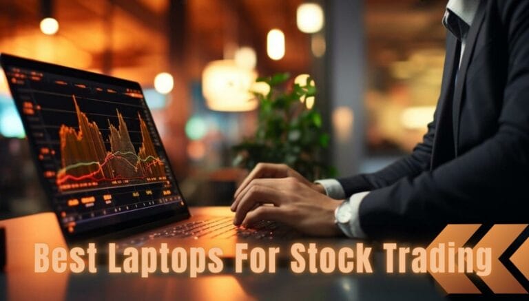 Man in suit monitoring the stock trading graph with a text showing "Best laptops for stock trading"