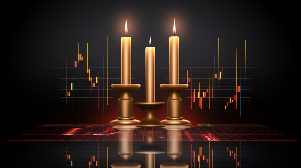 Three candles infront of a Double Doji Candlestick Pattern backdrop.