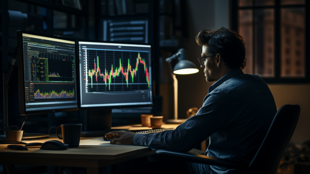 A businessman in front of his screen developing the acumen to identify break of structure in forex trading.