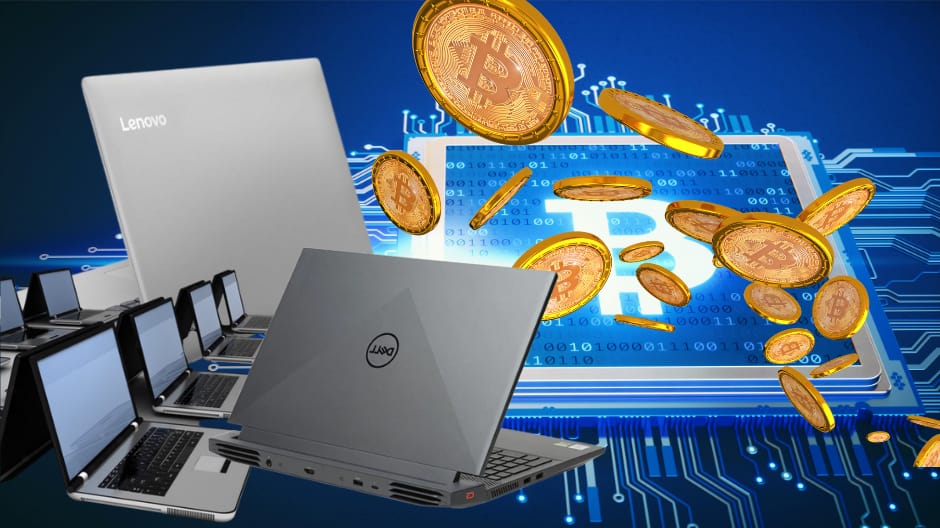 Icons of bitcoins with visuals of Lenovo, Dell and other laptops for stock trading.