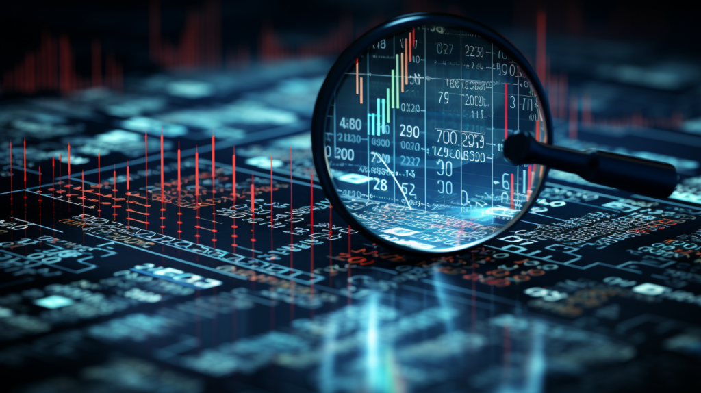 Foreign Exchange trading chart with a magnifying glass zooming on bars 