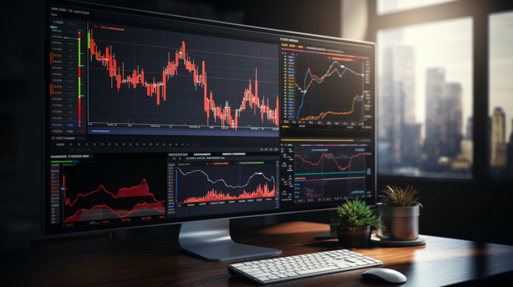 A forex trading charts and graphs on a PC screen.