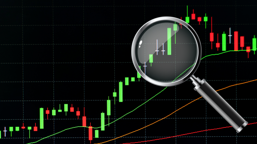 A magnifier zooming in a Double Doji Pattern.