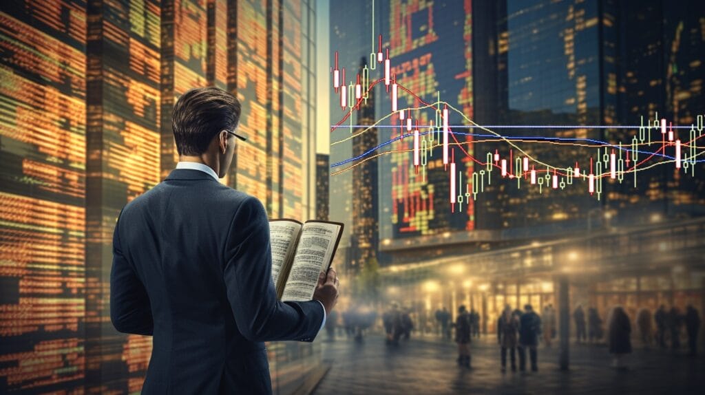 A trader looking at the real-life trading scenarios guided by a trading book.