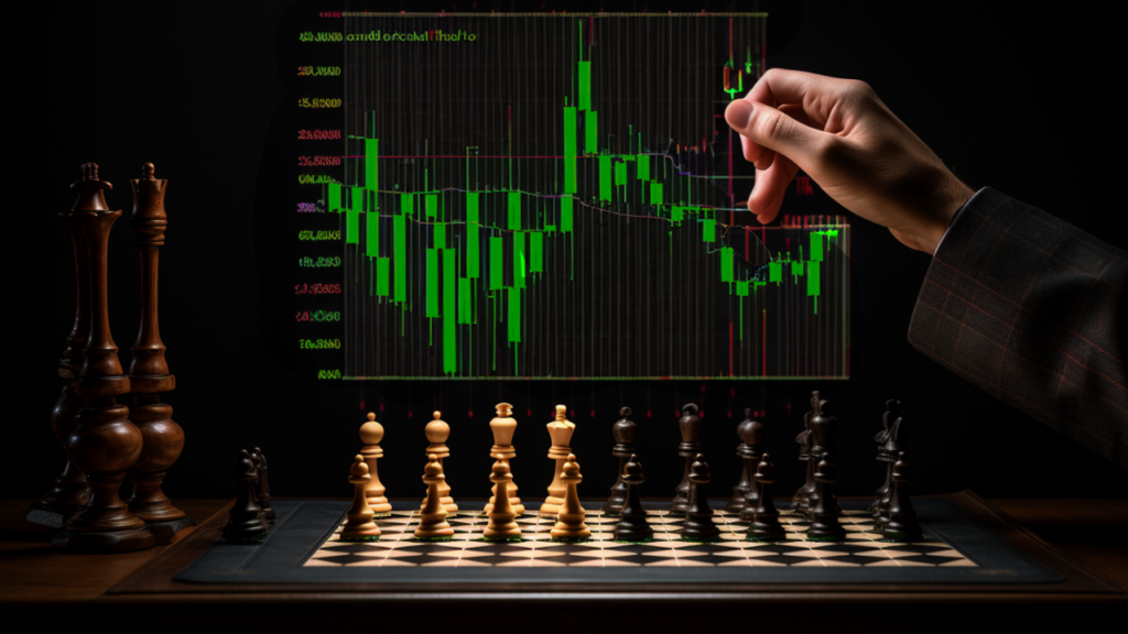 A hand in suit strategising as he plays chess  with a backdrop of Double Doji pattern