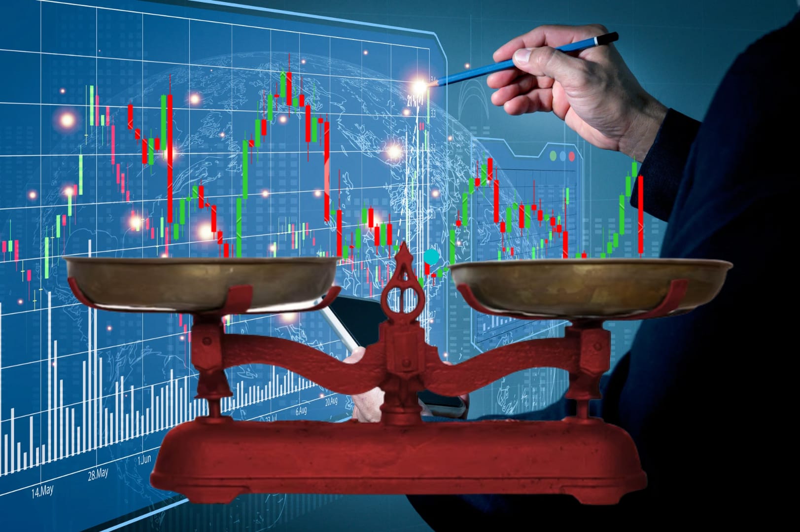 A scale with a backdrop of a man in suit analyzing a trading and candlestick graph.