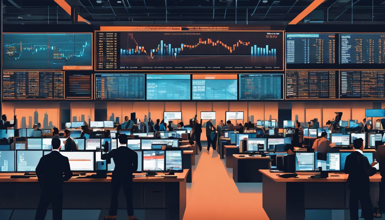 Busy trading floor with gesturing traders, flashing screens, and city skyline.