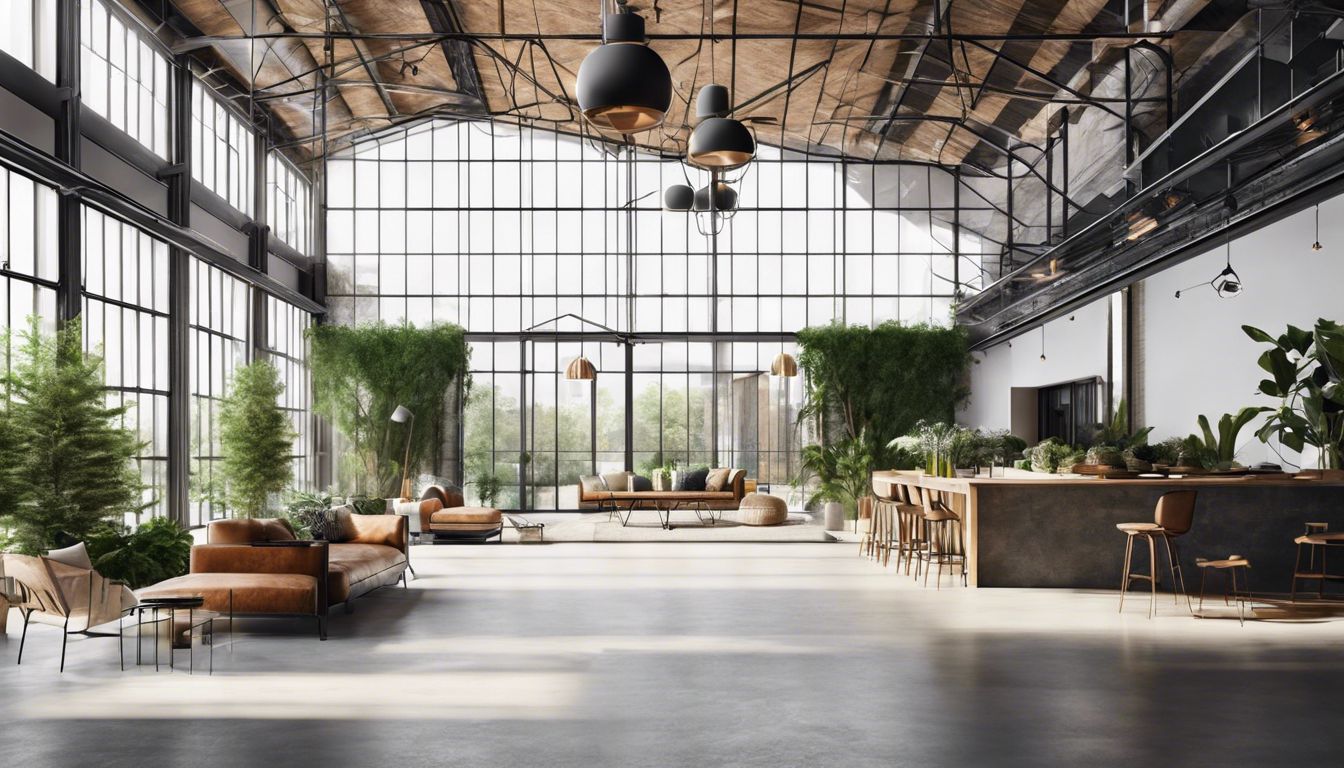 A sustainable industrial warehouse integrating natural elements and eco-friendly materials.