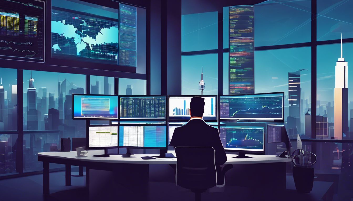 A trader analyzing stock options in a bustling trading room.