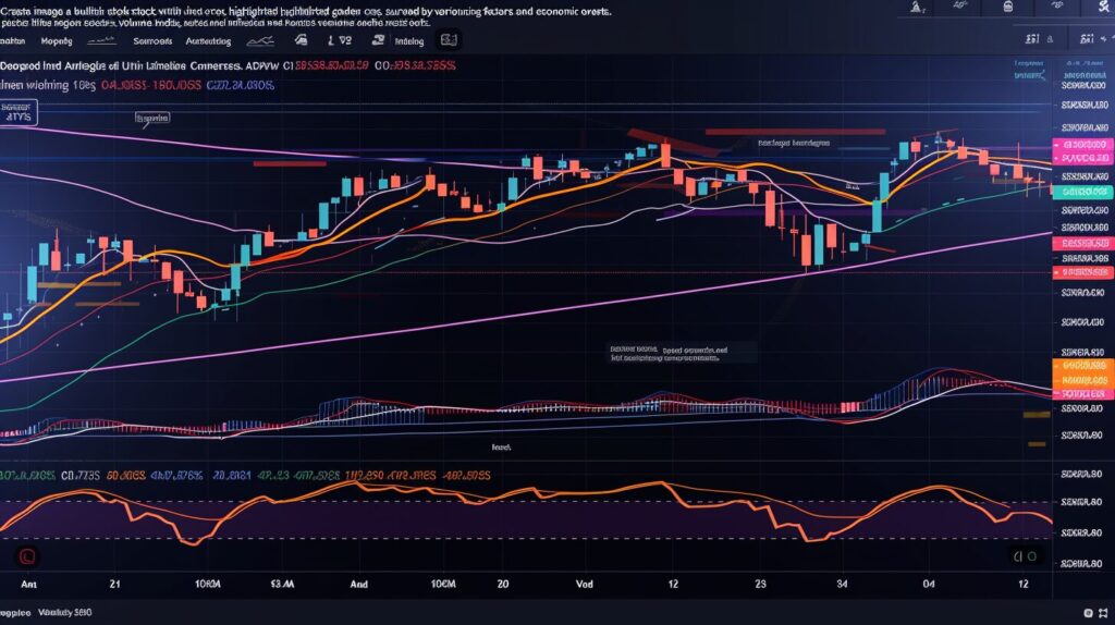 Bullish stock chart, highlighted golden cross, market trends, volume indicators, economic events.