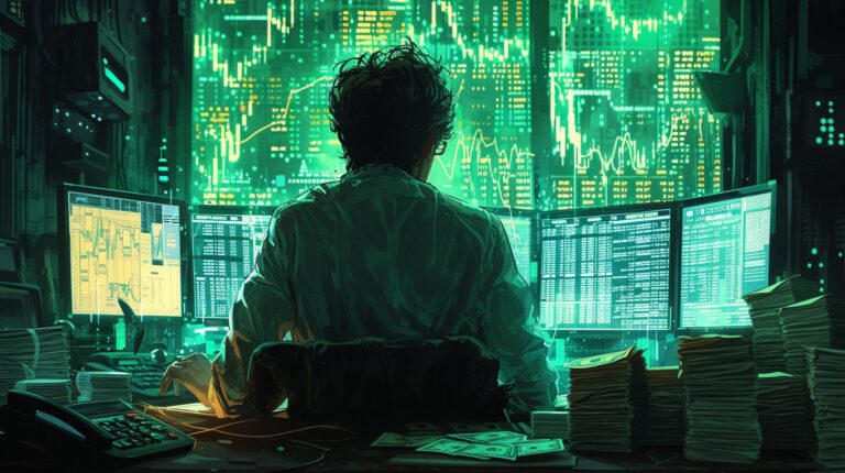 Busy stock market screen, cash stacks, thoughtful trader silhouette