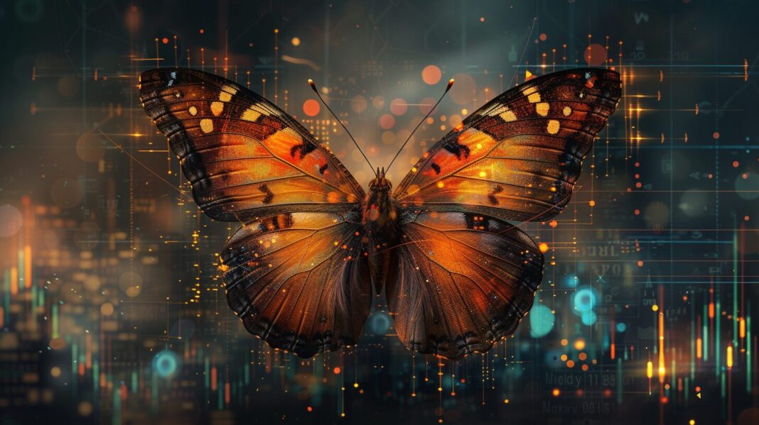 Butterfly with wings showing arrows against stock market charts