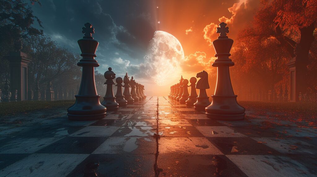 Chess boards, one in daylight, one under moonlight, symbolizing trading orders.