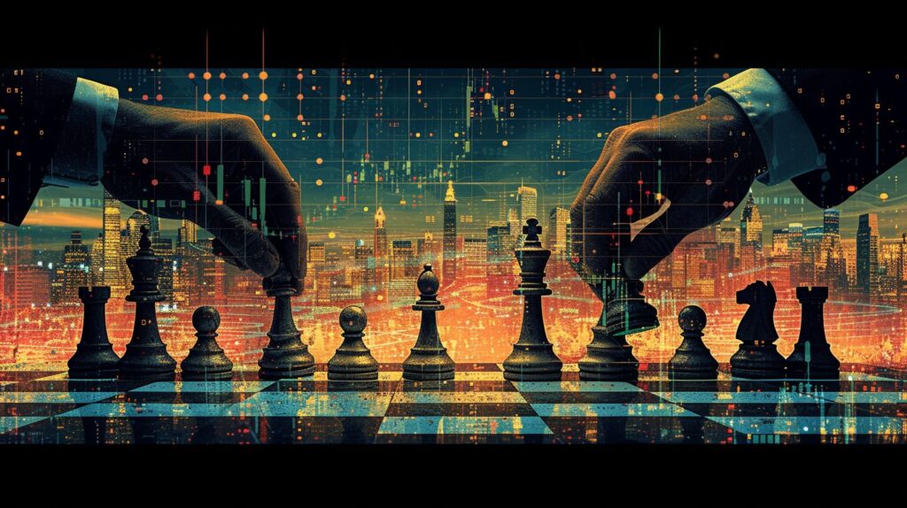 Chessboard with pieces for credit spreads, ascending strategy arrows