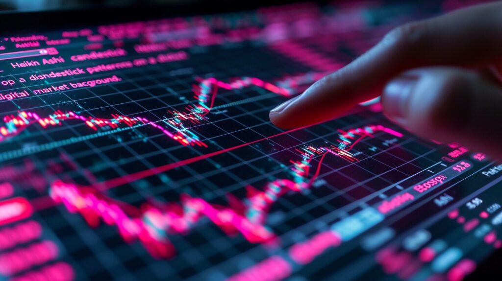 Close-up of hands pointing at Heikin Ashi patterns on tablet, blurred market background.