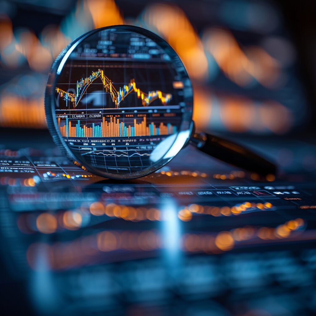 Stock Pattern Cheat Sheet featuring a Collage of stock chart patterns with magnifying glass