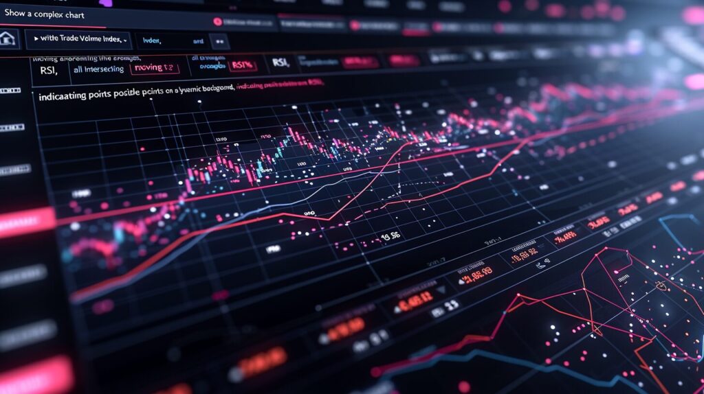 Complex chart, TVI, moving averages, RSI, trading points