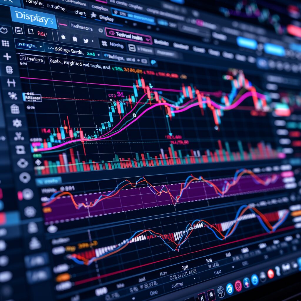 Complex crypto trading chart with technical indicators