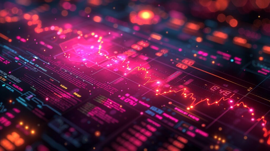 Computer screen, stock market chart, TVI indicator, hands pointing