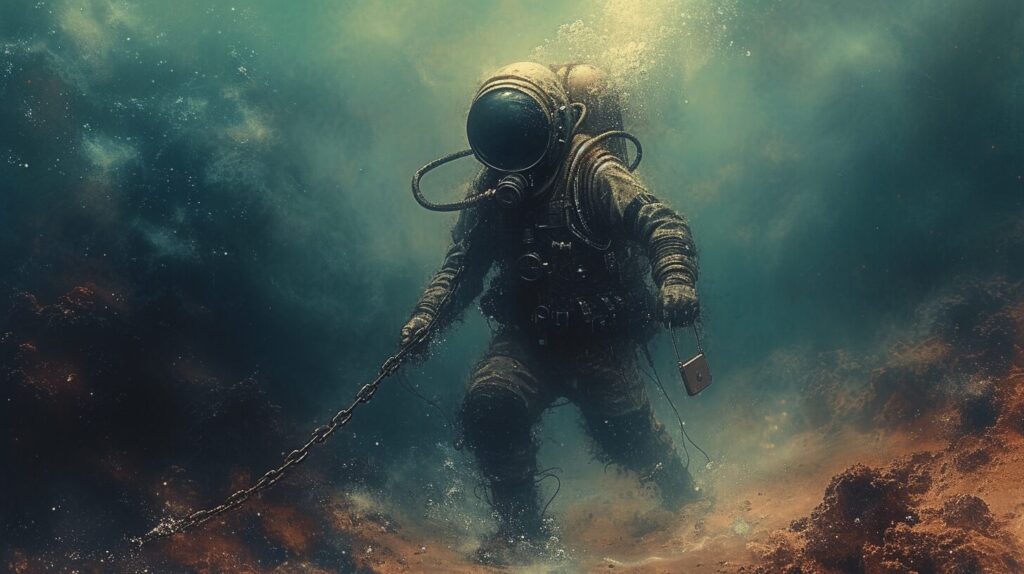 Deep-sea diver with arrow and briefcase, representing short selling and sell to close.