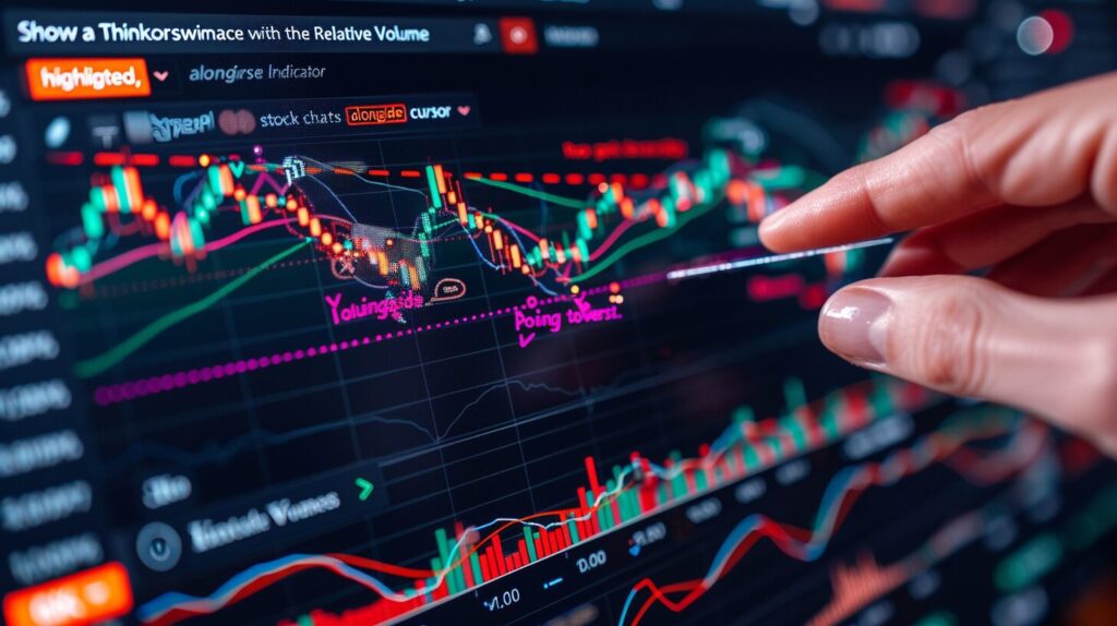 Detailed Thinkorswim interface with Relative Volume Indicator and diverse stock charts