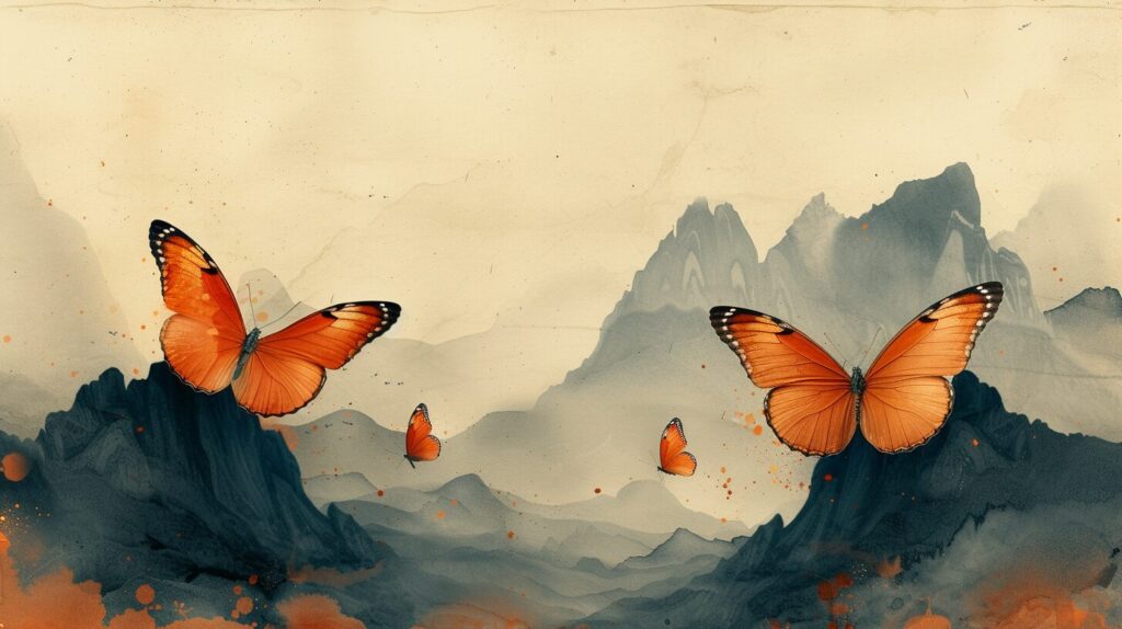 Financial landscape with butterflies on peaks and valley symbolizing long butterfly spread