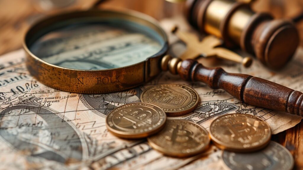 Forex chart with pips, magnifying glass, scales with coins.