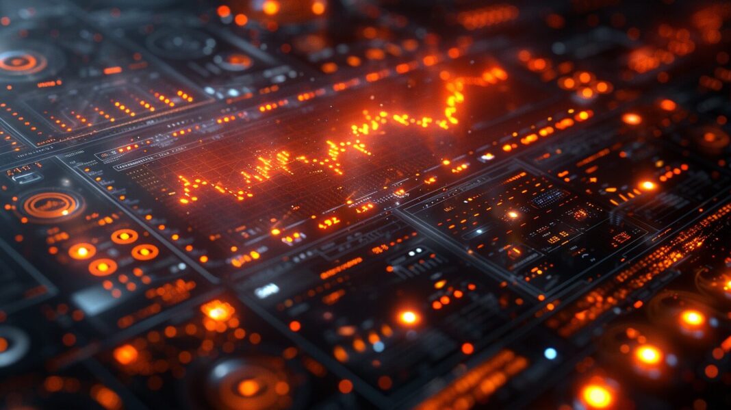 Futuristic trading screen with glowing footprint chart and financial indicators.