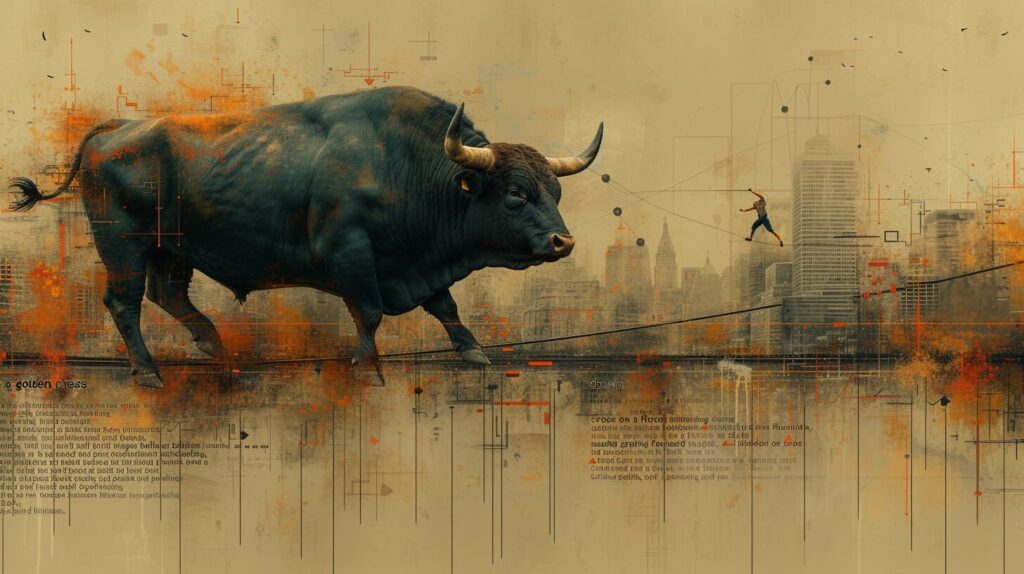 Golden cross on stock graph, charging bull, tightrope walker, risk and limitations.