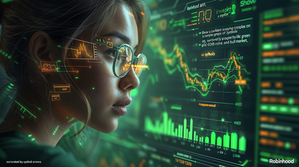 Investor with Robinhood graphs, gold coins, bull market, green arrows