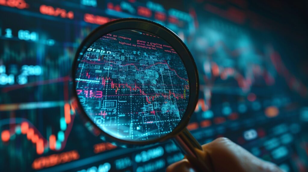 Supply Zone Stocks Magnifying glass highlighting supply and demand zones on a fluctuating stock market graph