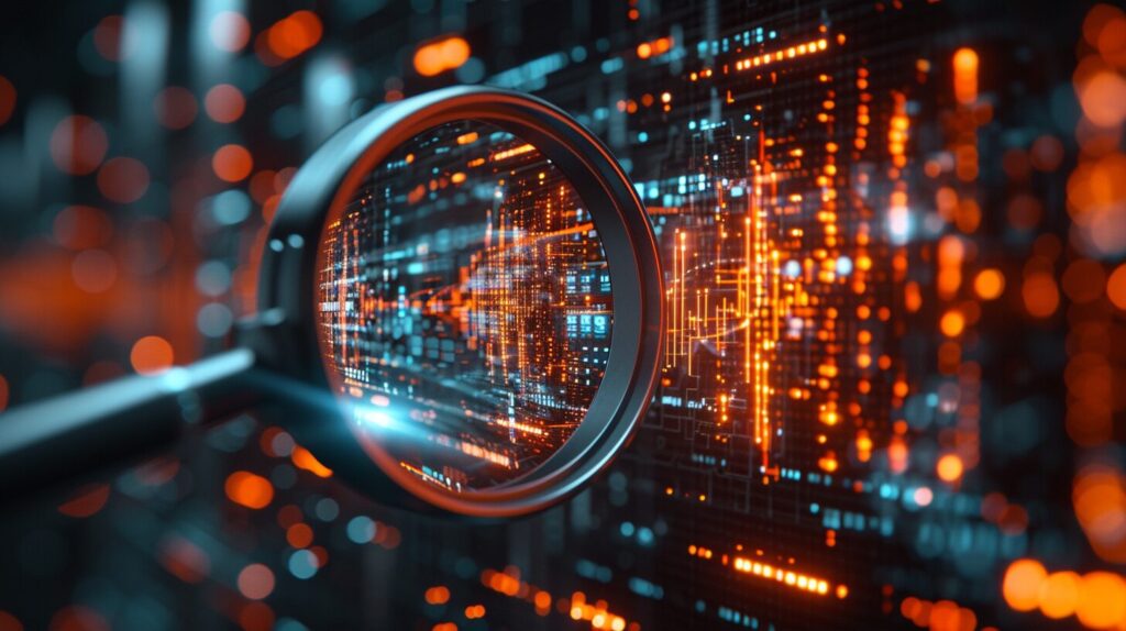 Magnifying glass on graph with upward NXGN share price, health symbols, futuristic elements