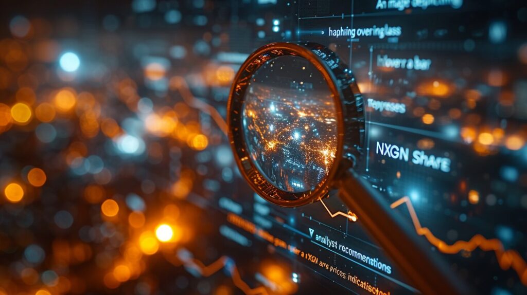 Magnifying glass over NXGN share prices bar graph, arrows for analyst recommendations