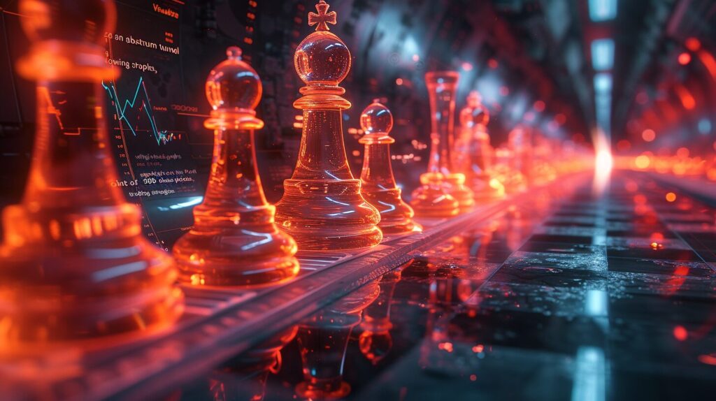 Quantum tunnel with stock graphs and trading strategy chess pieces