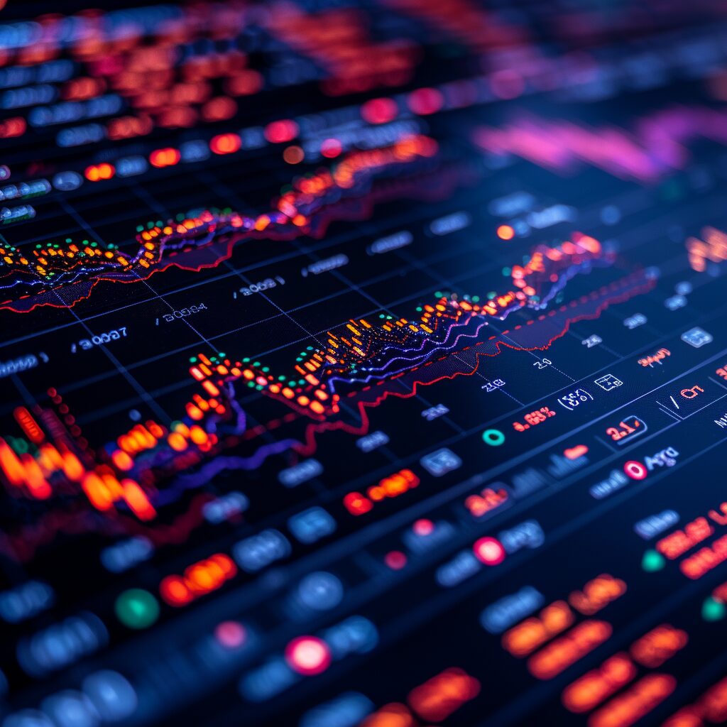 Simulated stock market screen with chart patterns and strategies