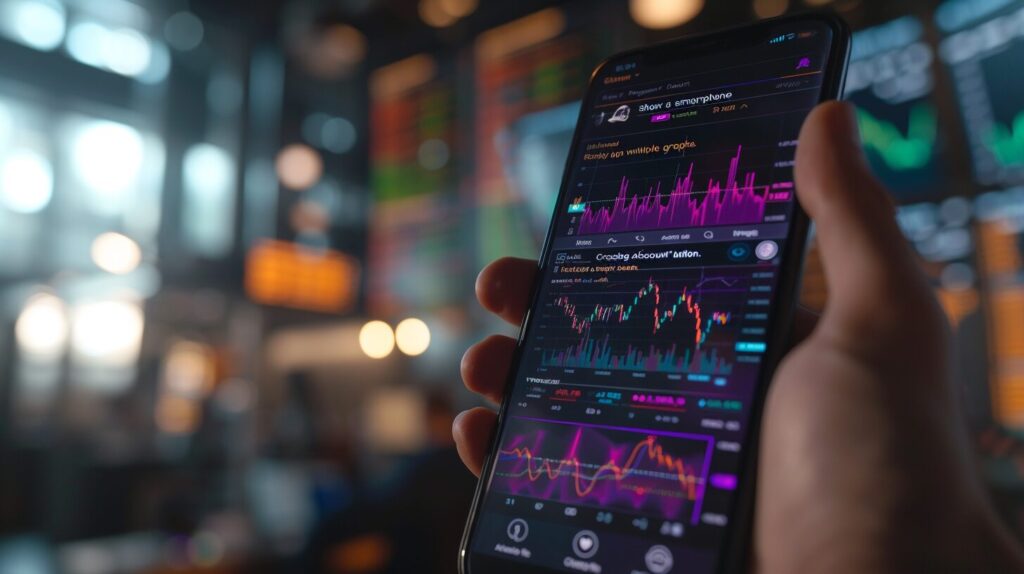 Smartphone with Robinhood app, trading charts, hand on 'Create Account'