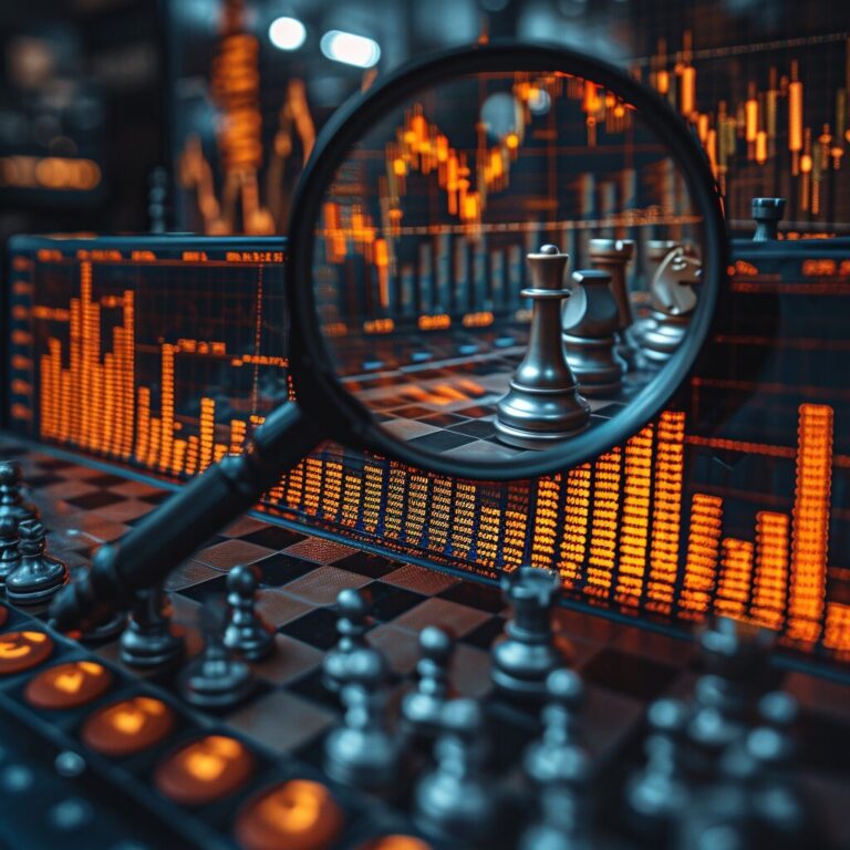 Stock market graphs collage with vibrant charts and chessboard