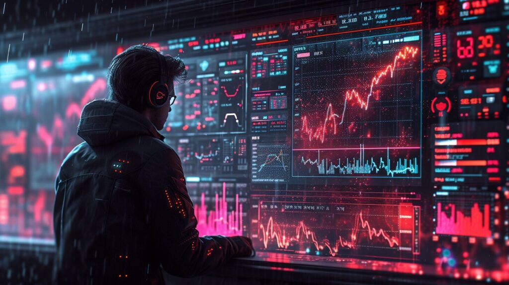 Stock trading screen with highlighted supply and demand zones and a trader analyzing patterns.