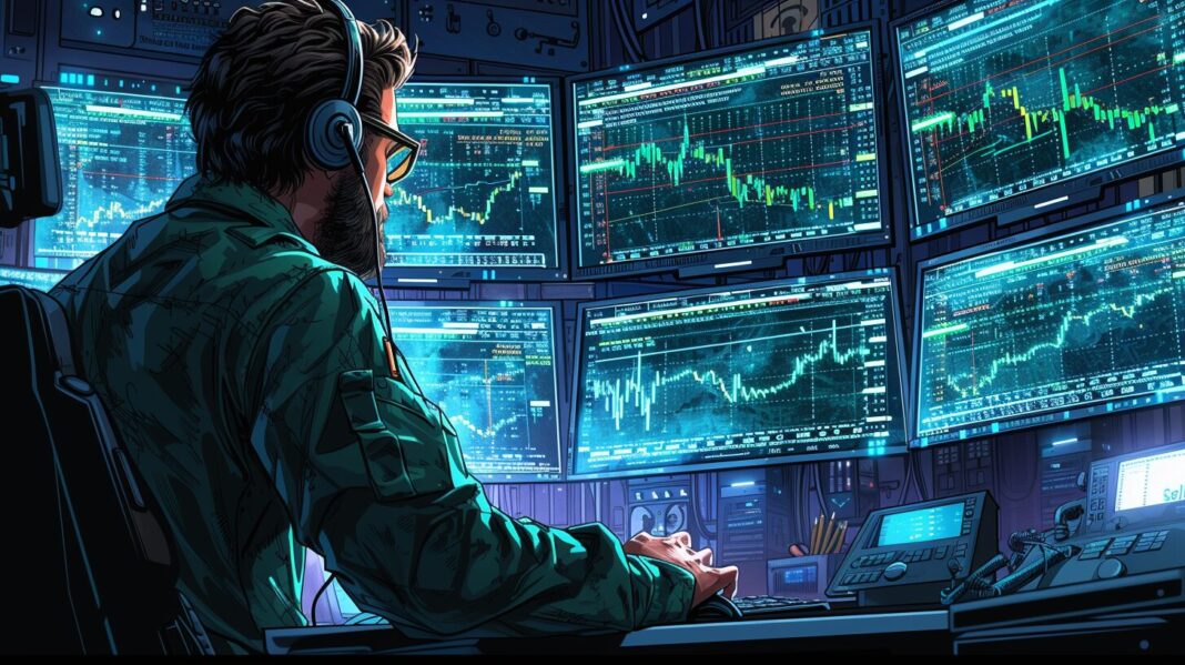 Tense trader with multiple screens, fluctuating stock charts, clicking 'Sell to Close'.