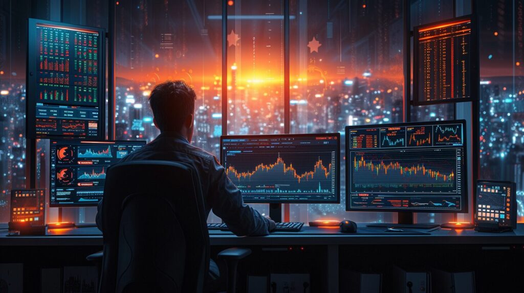 Trader at a desk with screens showing rising and falling stock graphs for supply and demand trading.