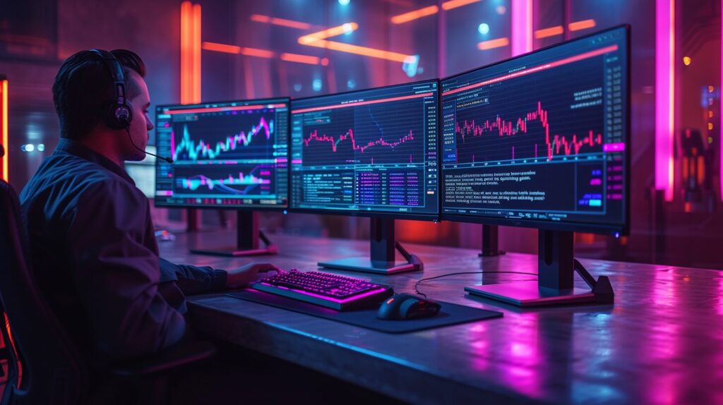 Trader at modern workstation, Webull graphs of 2024 trading strategies