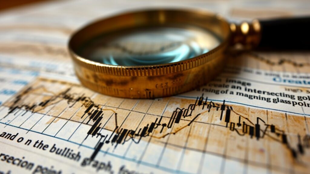 Two intersecting golden lines on stock graph, bullish rise, magnifying glass on intersection.