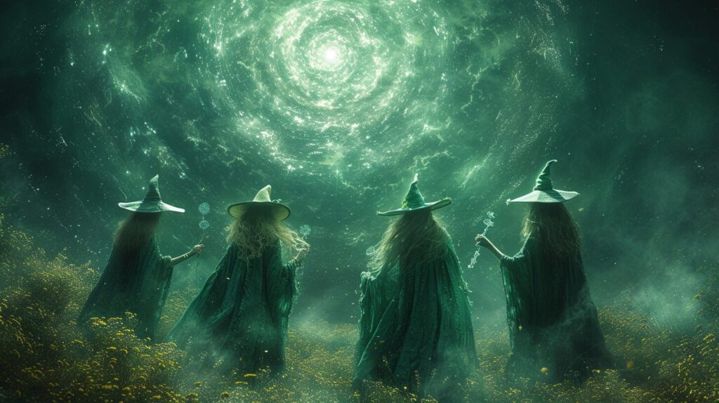 What Is Quad Witching featuring Witches, financial symbols, 2024 calendar, future years spiraling.